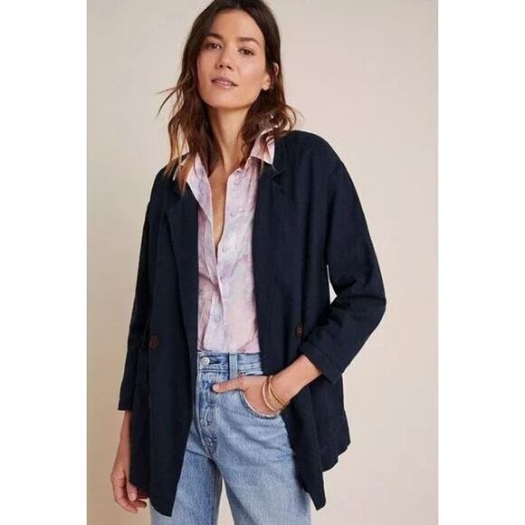 Anthropologie Amadi Kayne Double Breasted Blazer Navy Blue Women's Size Small - Picture 2 of 16